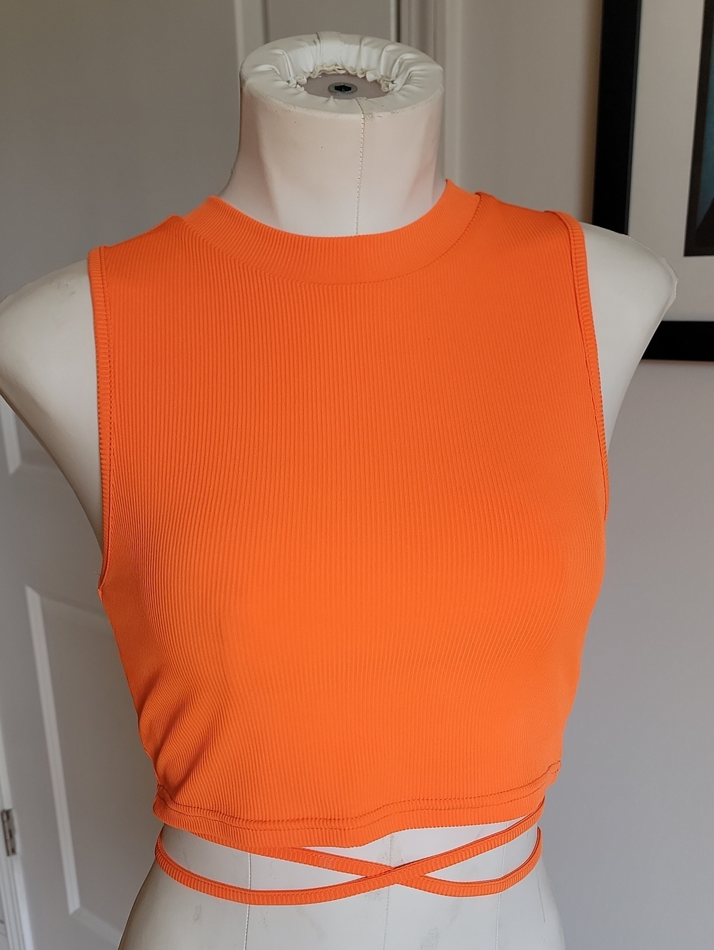 Neon Orange Ribbed Sleeveless Wrap Around Tie Crop Top Medium M